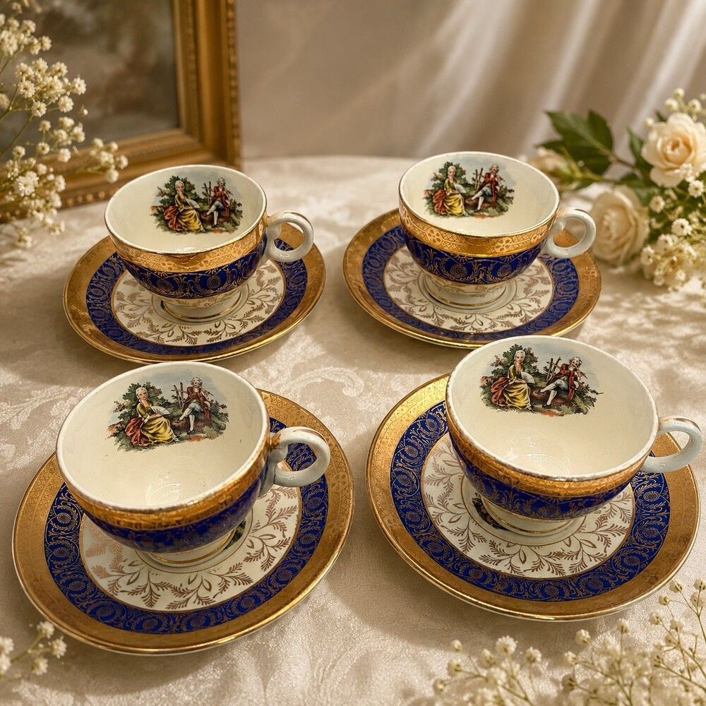 Bromley 22K Gold Blue Tea Cup &Saucers – Romantic Set of 4 Victorian Vintage